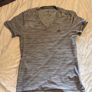 adidas Women’s Gray Heather V-Neck Tee - Striped Knit